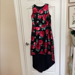 Enfocus Studio Black Hi-Low Dress with Red Rose Print